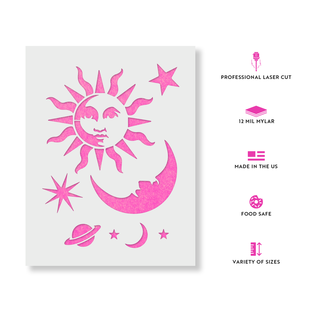 Celestial Sun and Moon Stencil - Design of Sun, Moon, and Planets, image size:1024x1024