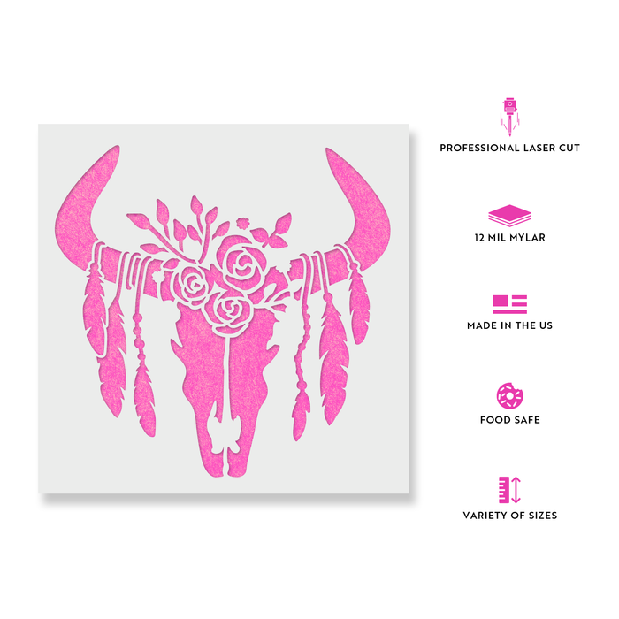 Feathered Cow Skull Stencil