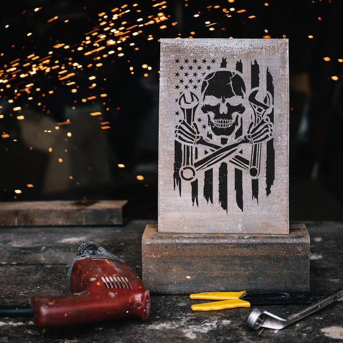 Skull Mechanic American Flag Stencil
