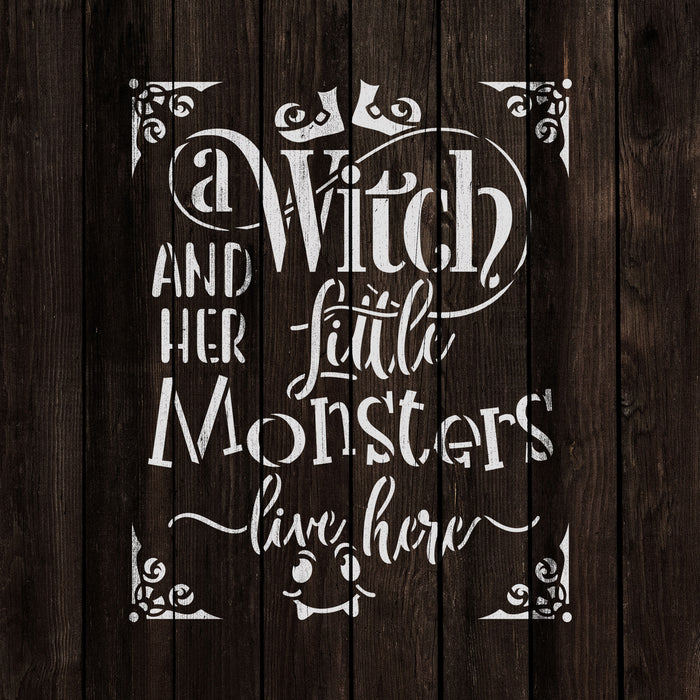 Witch And Little Monsters Stencil